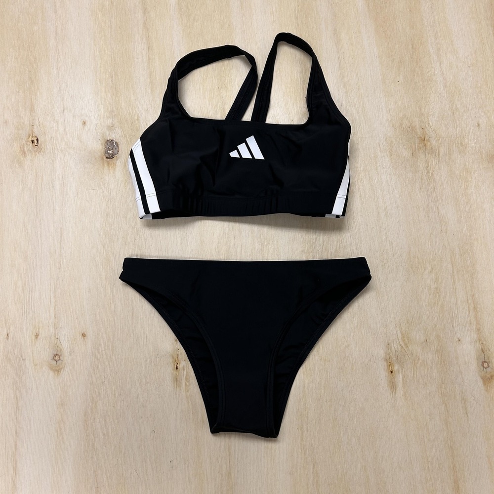 Adidas Bikini Swimsuit Womens 2 Black Athletic Racerback Two Piece Striped Logo